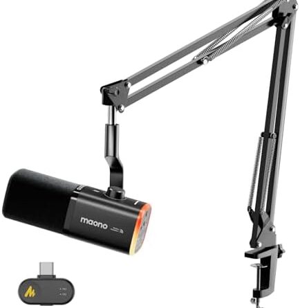 MAONO PD100WS Wireless Gaming Microphone for PC, Dynamic Streaming USB Mic with 3 Level Noise Cancelling,RGB,Mute Button, Software EQ,Computer Boom Mic for Podcast, Vocal Recording, Black