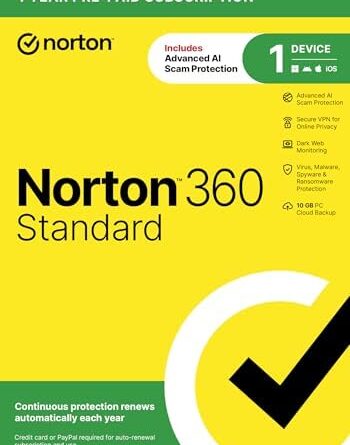 Norton 360 Standard 2026 Ready, Antivirus software for 1 Device with Auto-Renewal – Includes Advanced AI Scam Protection, VPN, Dark Web Monitoring & PC Cloud Backup [Key Card]
