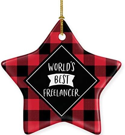 Andaz Press Star Ceramic Porcelain Christmas Tree Ornament Keepsake Gift, World’s Best Freelancer, Plaid, 1-Pack, Birthday Gift Ideas Coworker Him Her, Includes Gift Box