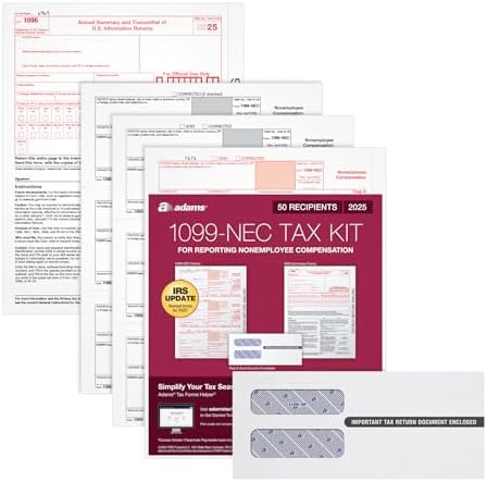 Adams 1099 NEC Forms 2025, 3-Part Kit for 50 Recipients, Includes 50 Envelopes, 6 1096 Forms, Compatible with QuickBooks and Other Accounting Software (1017231) Adams 1099 NEC Forms 2025, 3-Part Kit for 50 Recipients, Includes 50 Envelopes, 6 1096 Forms, Compatible with QuickBooks and Other Accounting Software (1017231)