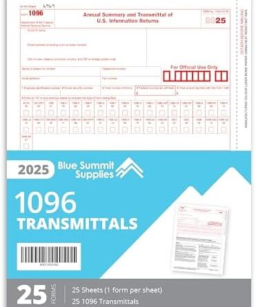 Blue Summit 1096 Forms 2025, 25 Pack of 1096 Transmittal 2025 Tax Forms, Compatible with QuickBooks and Accounting Software, 25 Transmittal Forms for 1099 NEC, MISC, INT, and Other 1099 Forms