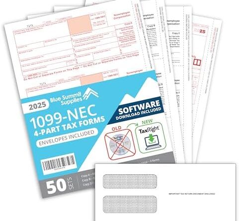 Blue Summit 50 1099 NEC Forms 2025 Software, Tax Right Software 2025 1099 Nec, Designed for QuickBooks and Accounting Software, TaxRight, 3 1096 Forms, and 50 Self Seal Envelopes Included