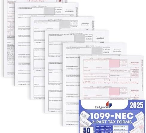 1099 NEC Forms 2025, 50 Pack 3 Part Laser Tax Forms Kit Pack of Federal/State Copy’s, 1096’s. Great for QuickBooks and Accounting Software, 2025, 1099-NEC 50 Pack