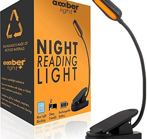 Amber Light + Giftable Amber Book Light – Blue Light Blocking – Night Reading Booklight Store. Rechargeable. 1600K for Reading in Bed at Night. Perfect as a Giftable Kindle Light and LED Book Light.