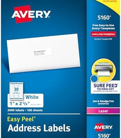 Avery Easy Peel Printable Address Labels with Sure Feed, 1″ x 2-5/8″ Customizable Stickers, White, 3,000 Blank Mailing Labels, Great for Mailing, Shipping, and More (5160)