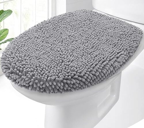 OLANLY Soft Chenille Bathroom Toilet Lid Cover, Machine Washable Seat Covers, 17.5×15, Stays in Place Rubber Backing, Fits Most Round, Elongated and Oblong Lids, Accessories Decor, Gray