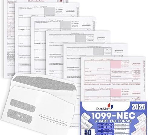 1099 NEC Tax Forms 2025, 3 Part of Laser NEC Tax Forms, 50 Pack and 50 Self-Seal Envelopes, Pack Included Federal/State Copy’s, 1096’s –Great for QuickBooks and Accounting Software, 50 Pack